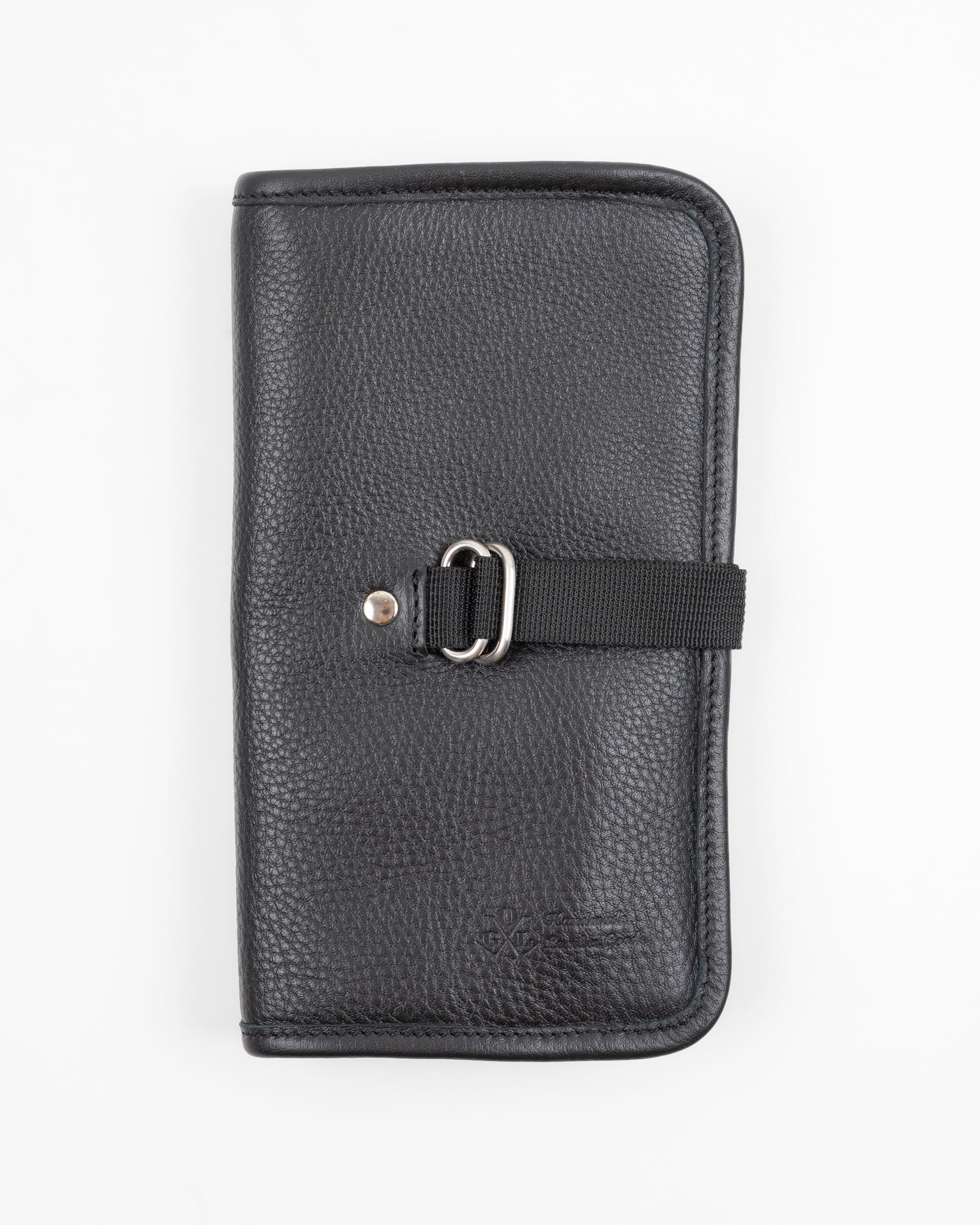 Black leather watch roll with black fabric strap and metal buckle on white background