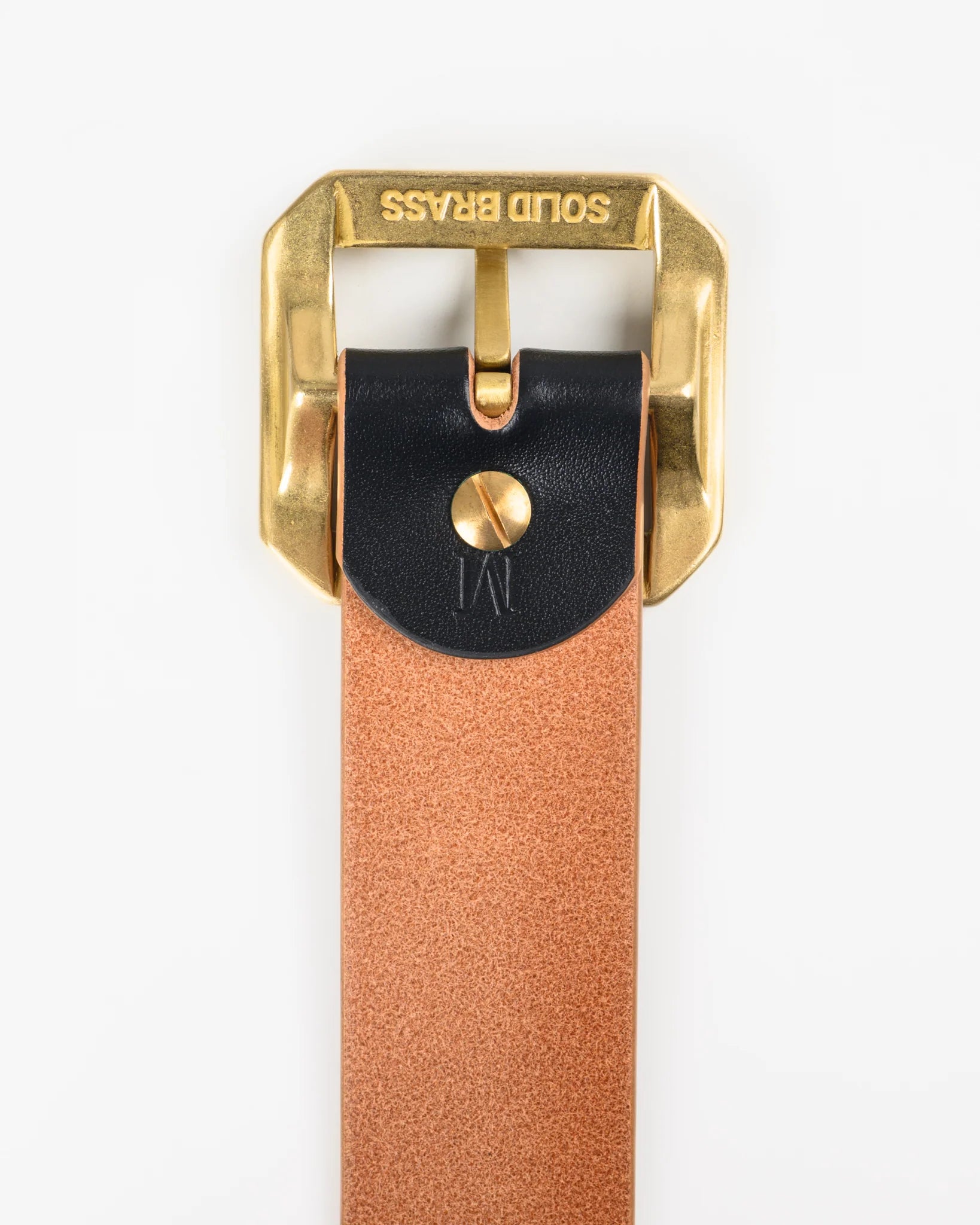Brown leather belt with gold buckle on a white background