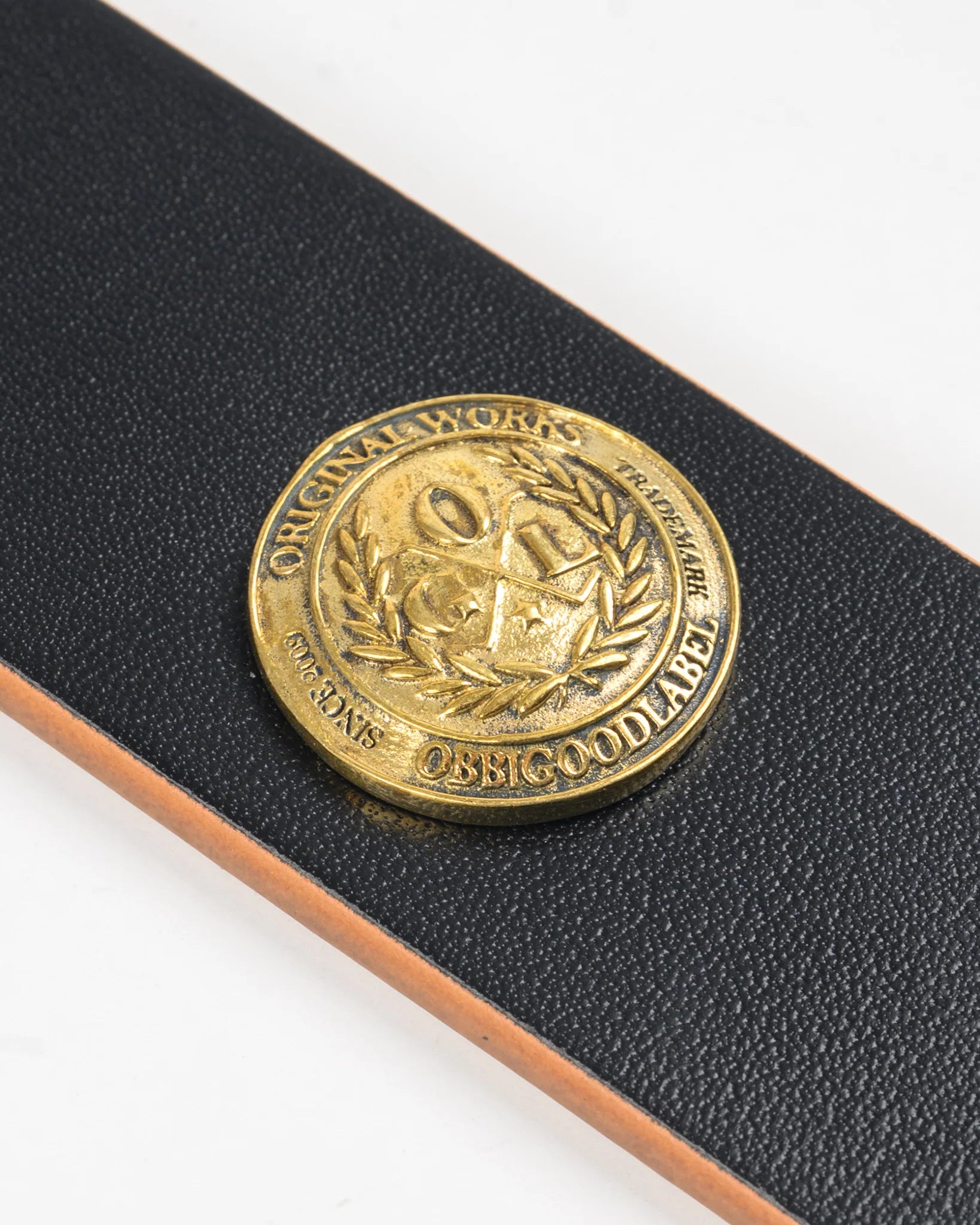 Brass coin with engraved design on a black leather case