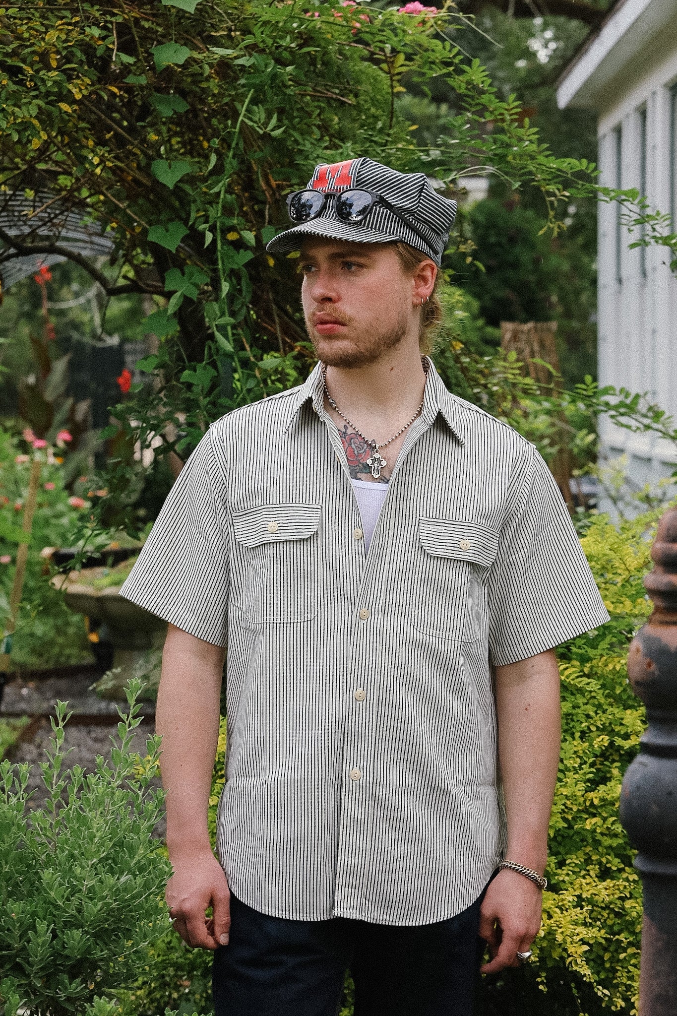 SC37944 Sugar Cane Short Sleeve Hickory Stripe Work Shirt- Indigo