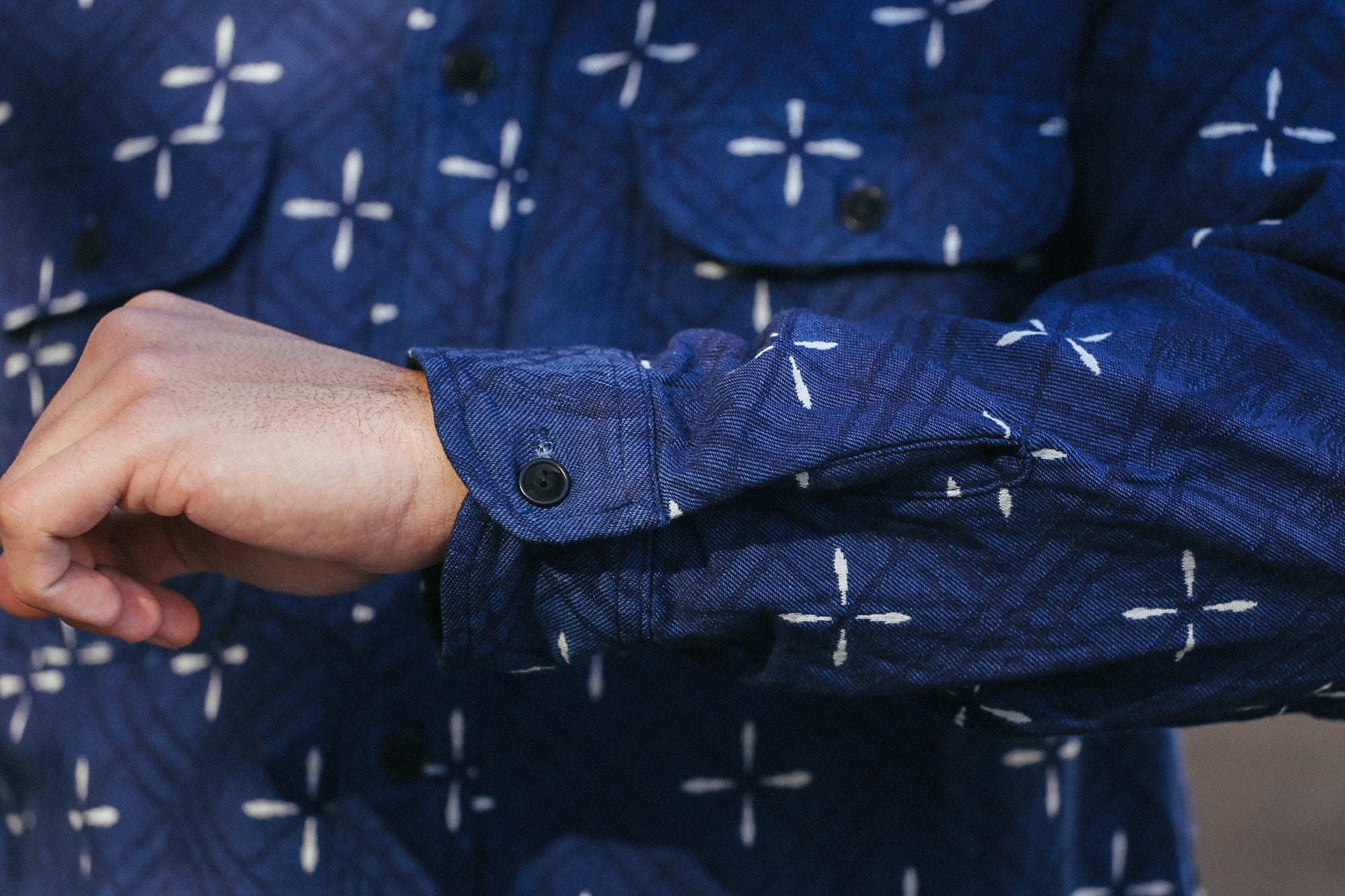 SSS25-02 Narihirabishi Goldfish Pattern Jacquard Work Shirt- Indigo