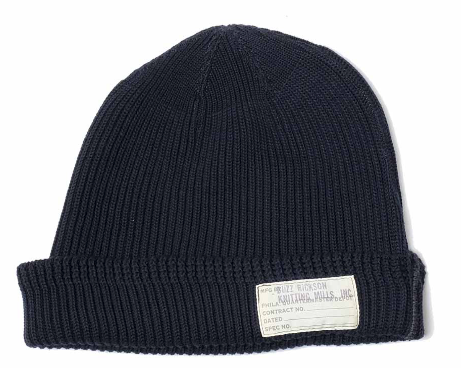 Black knit beanie with a label on a white background