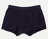 A pair of men's boxer briefs in dark navy blue, laid flat against a light off-white background.