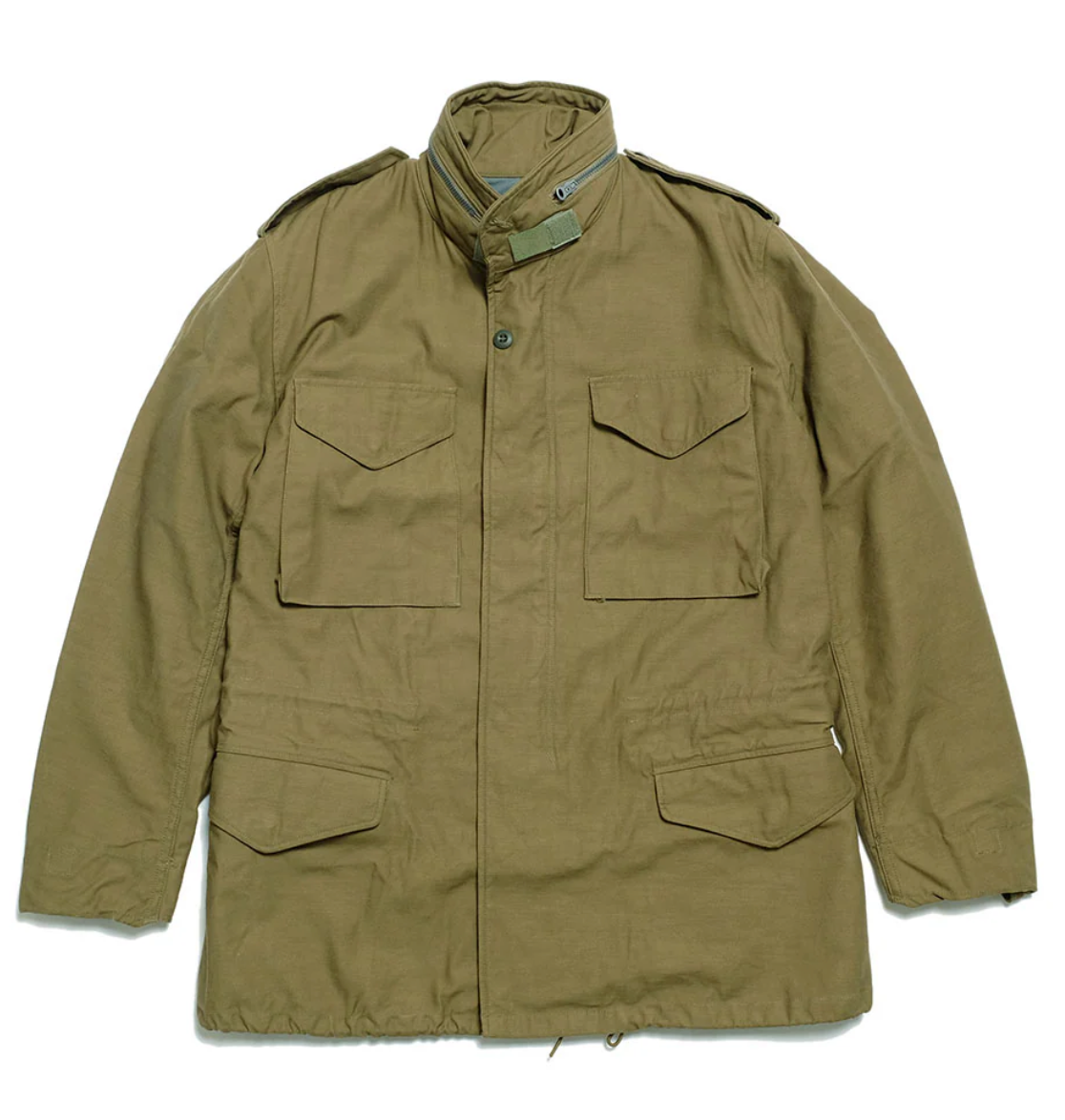 Khaki field jacket with multiple pockets on a white background