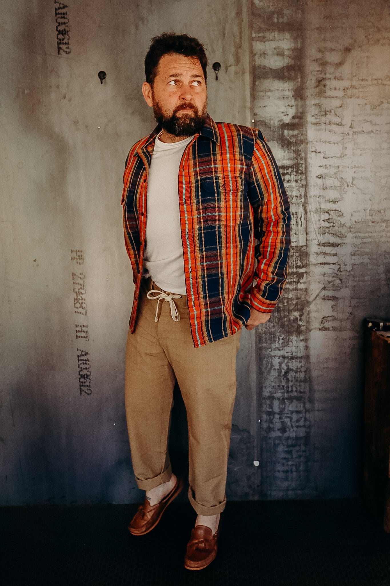 Indigofera Webster Shirt- Heavy Cotton Check, Navy / Orange / Turquoise