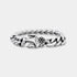 Polished silver chain bracelet with a floral clasp engraved 'GOOD ART' on a white background