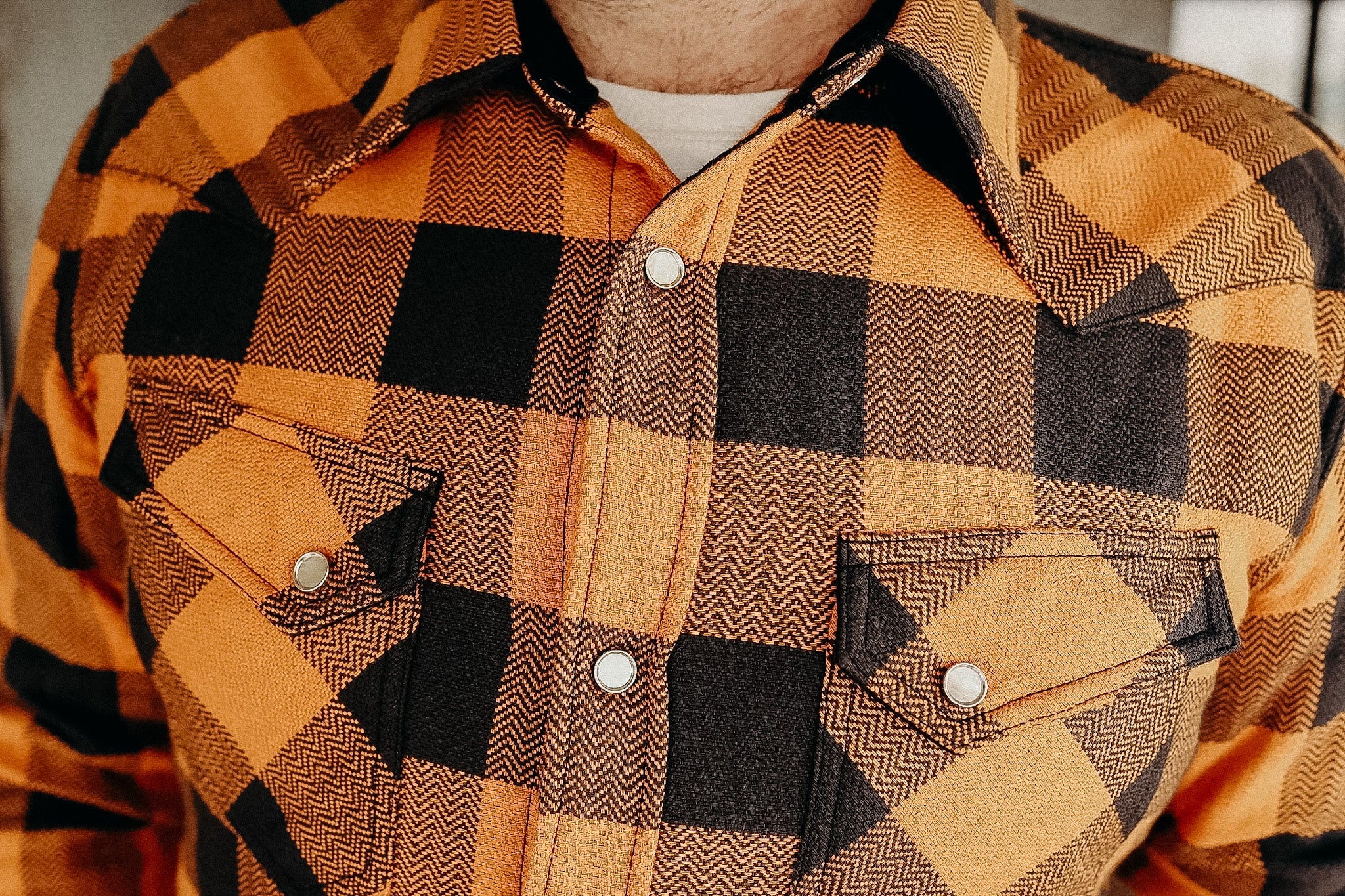 The Flat Head SNW-101L Block Check Western Flannel Shirt - Orange / Charcoal