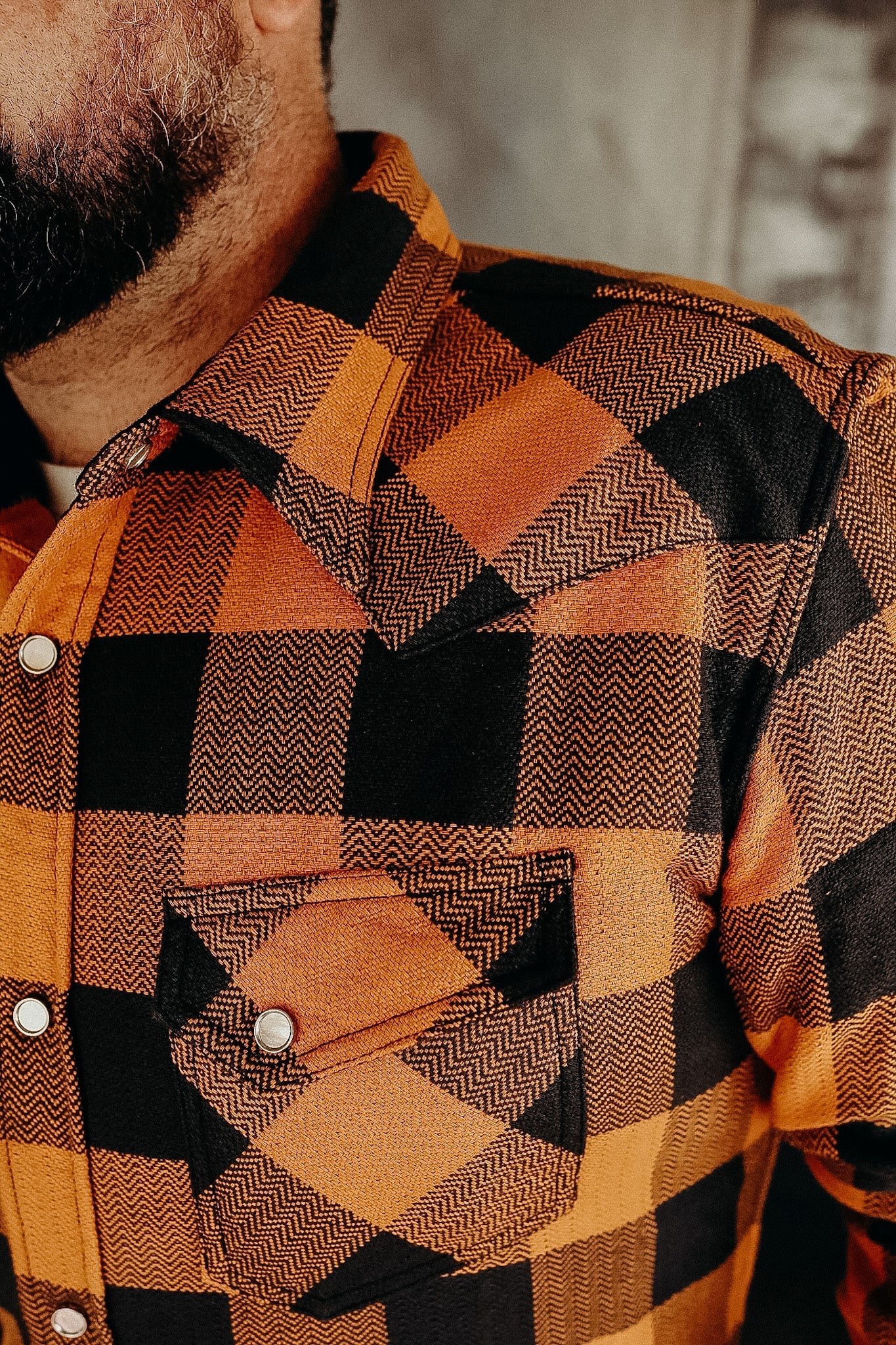 The Flat Head SNW-101L Block Check Western Flannel Shirt - Orange / Charcoal