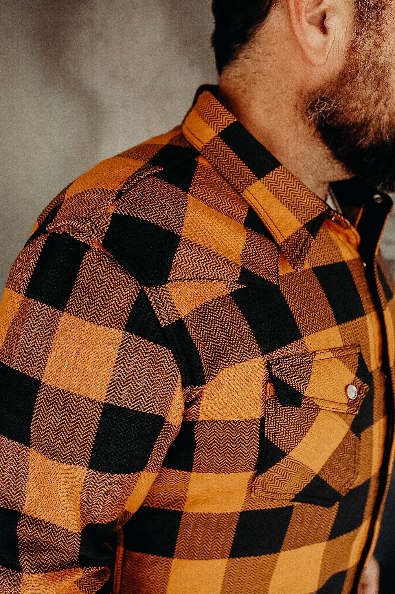 The Flat Head SNW-101L Block Check Western Flannel Shirt - Orange / Charcoal