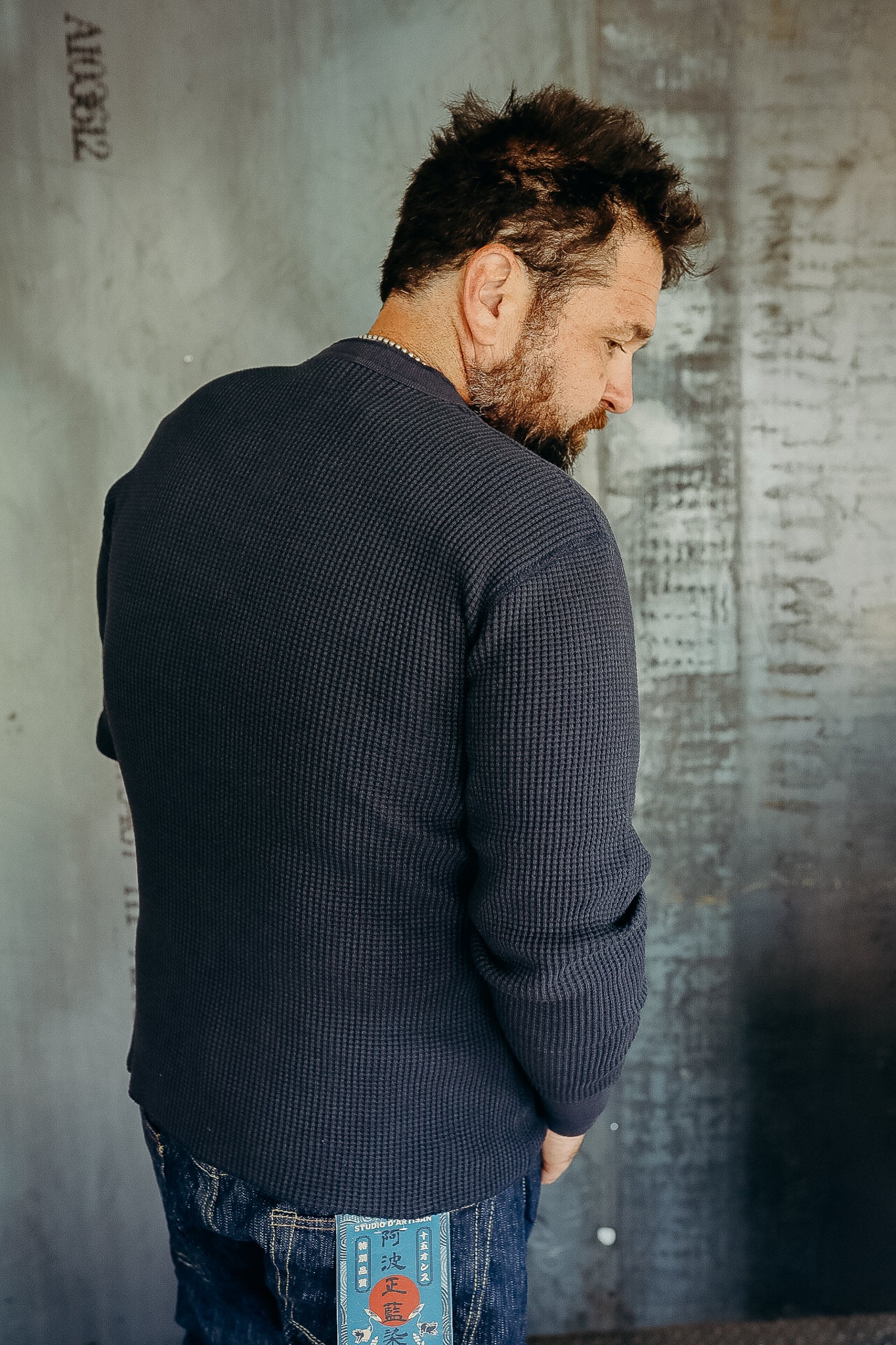 1213 Waffle Knit Long Sleeved Thermal Henley - Navy