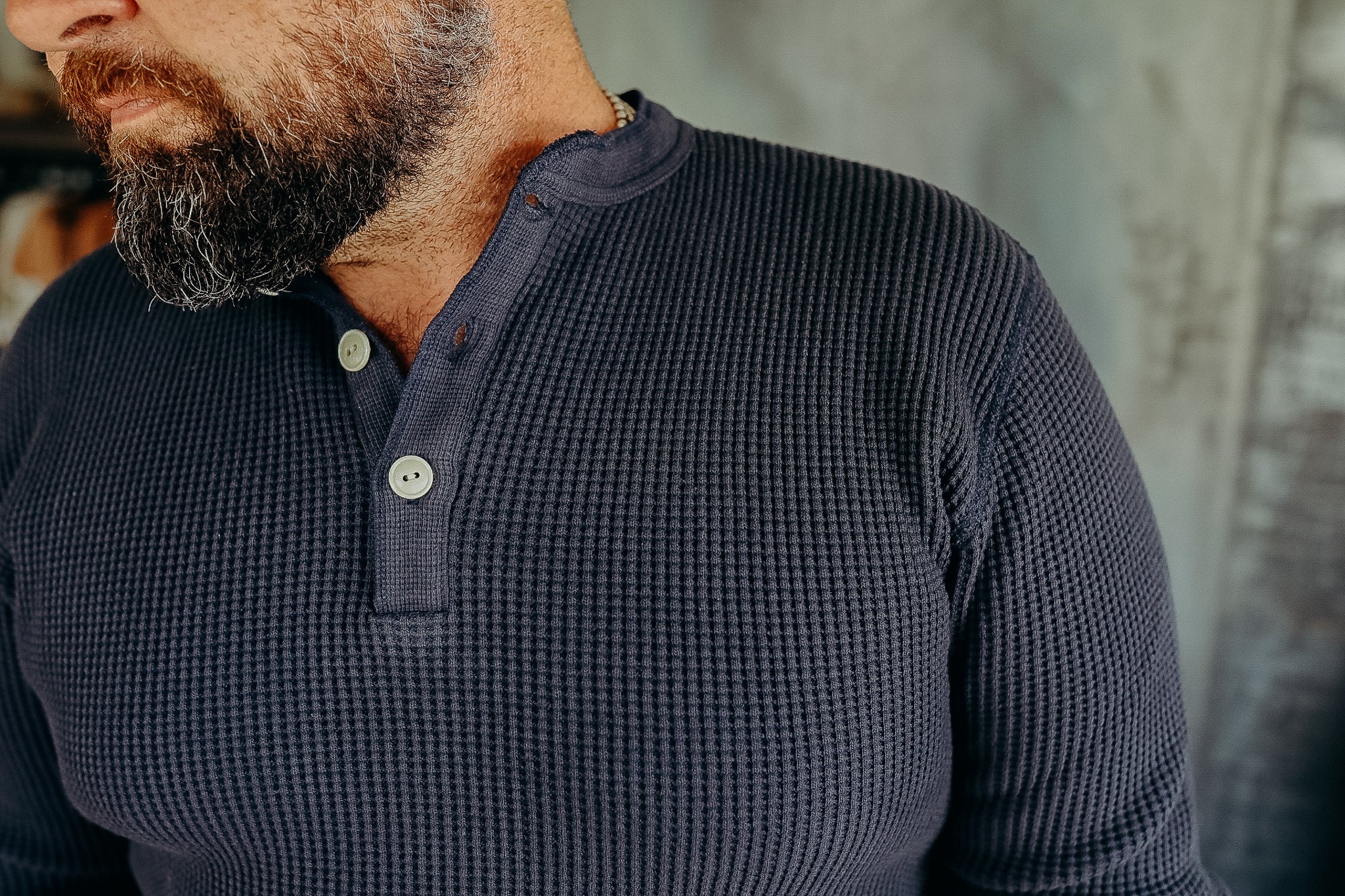 1213 Waffle Knit Long Sleeved Thermal Henley - Navy