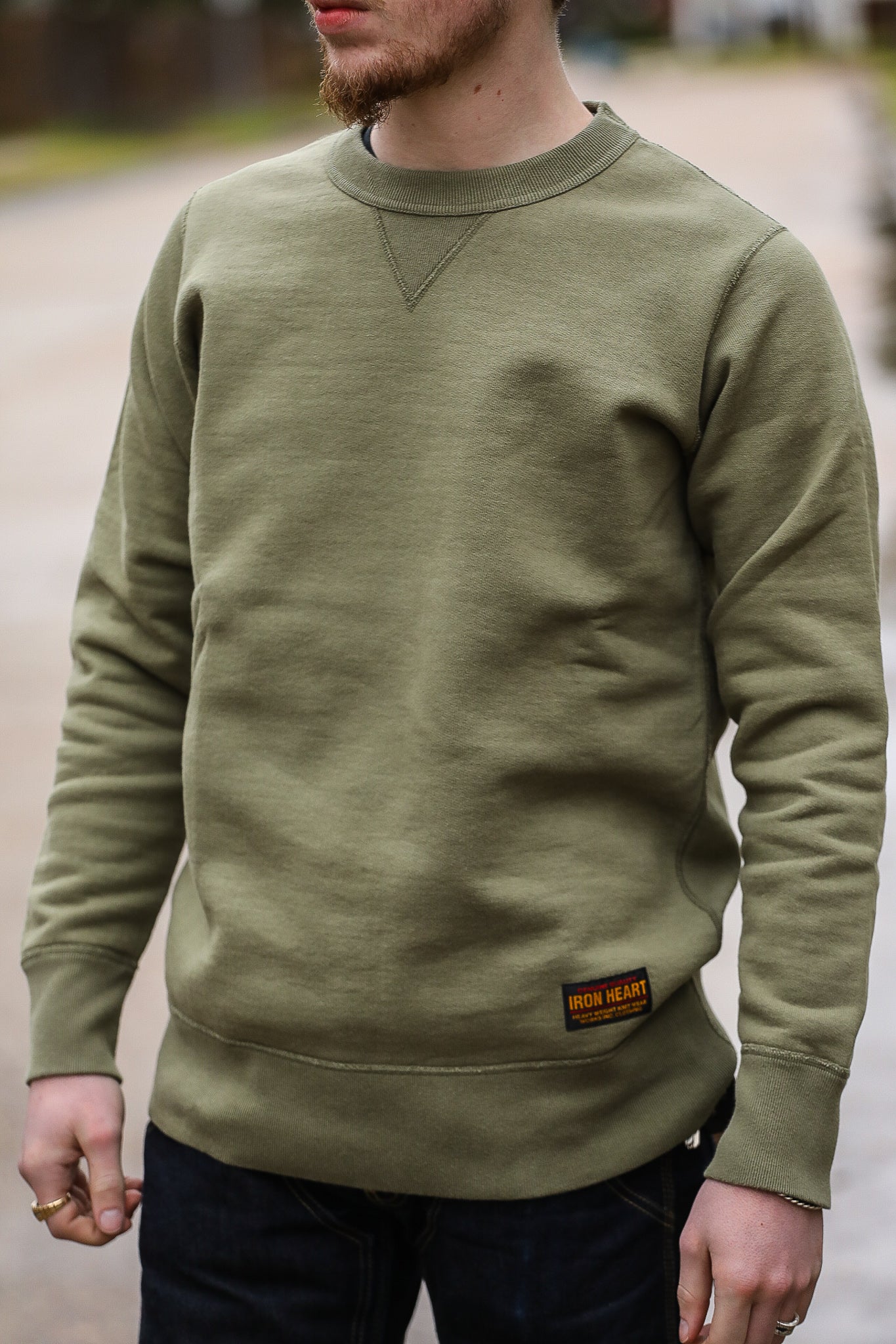 14oz Ultra Heavyweight Loopwheel Cotton Crew Neck Sweat - Olive