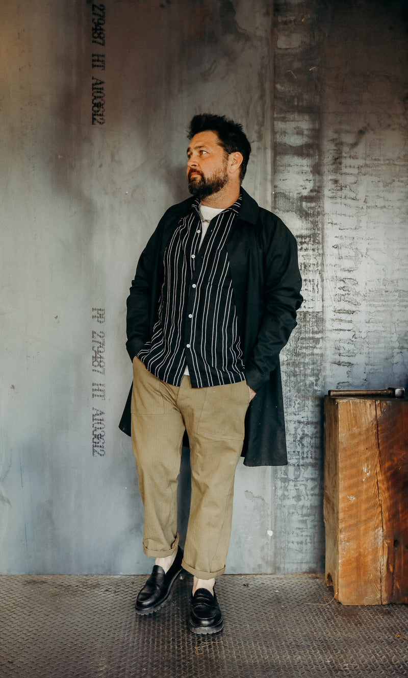 LS OPEN COLLAR SHIRT - BLACK STRIPED LINEN – Iron Shop Provisions
