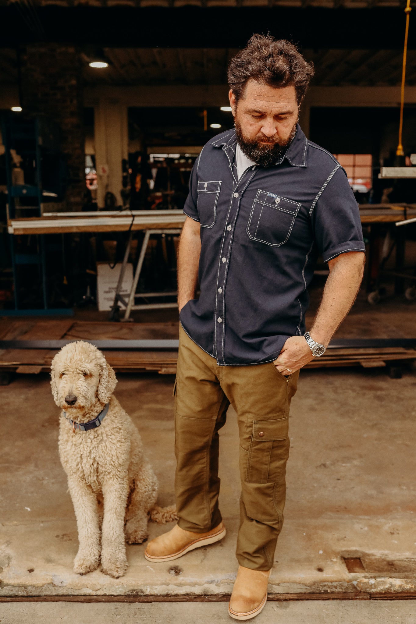 5.5oz Selvedge Chambray Short Sleeved Work Shirt - Indigo Overdyed Black
