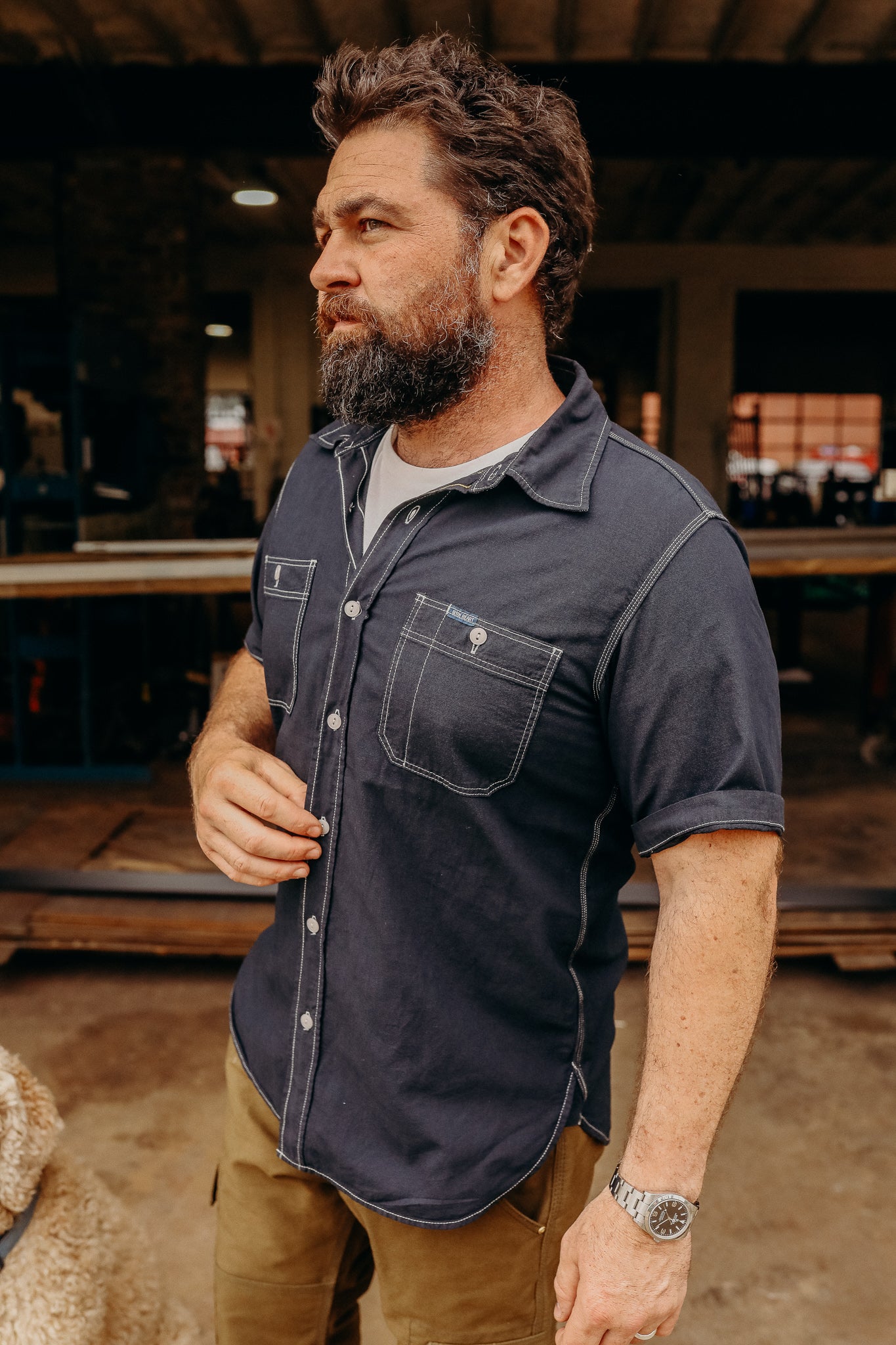 5.5oz Selvedge Chambray Short Sleeved Work Shirt - Indigo Overdyed Black
