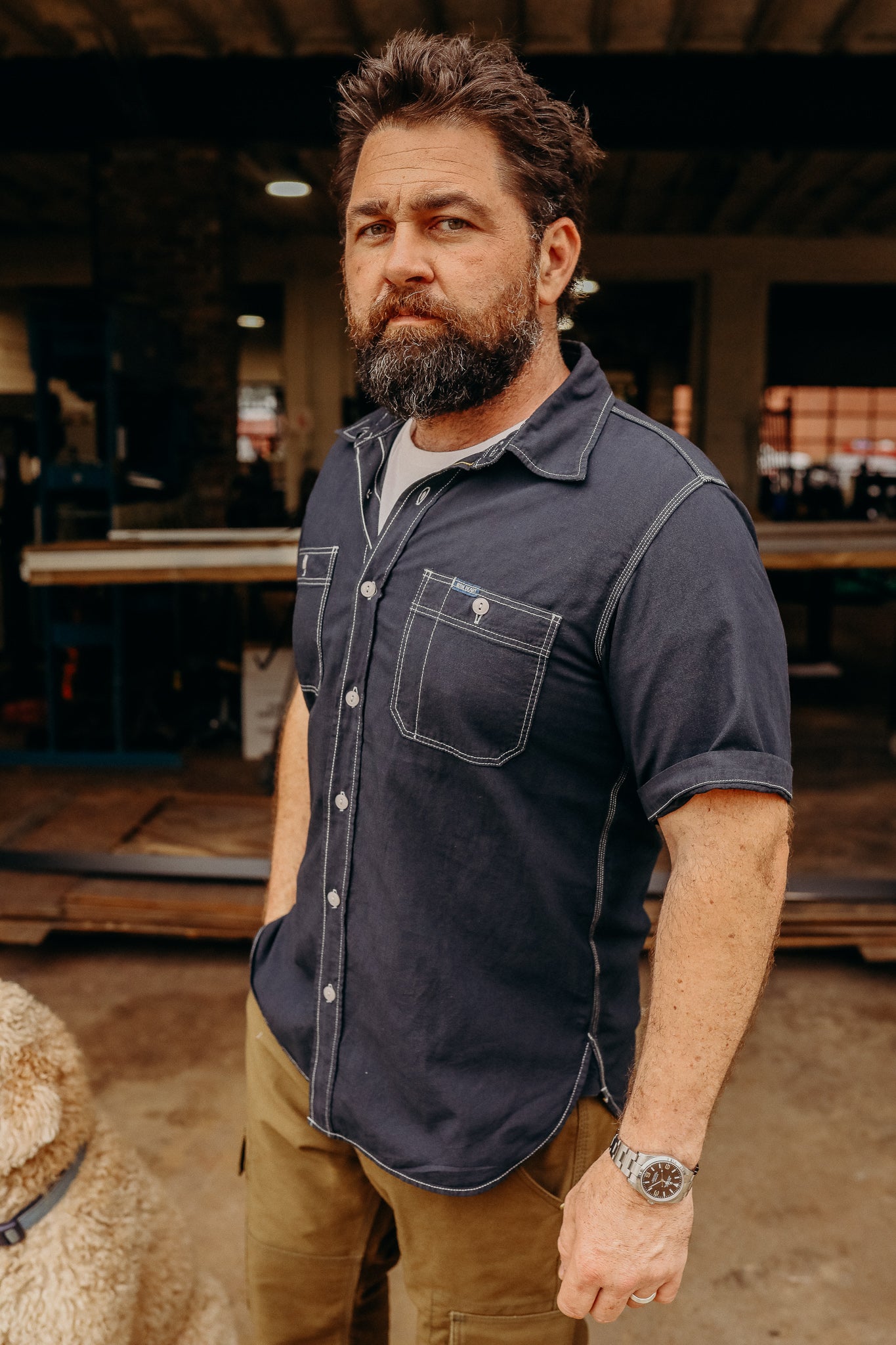 5.5oz Selvedge Chambray Short Sleeved Work Shirt - Indigo Overdyed Black