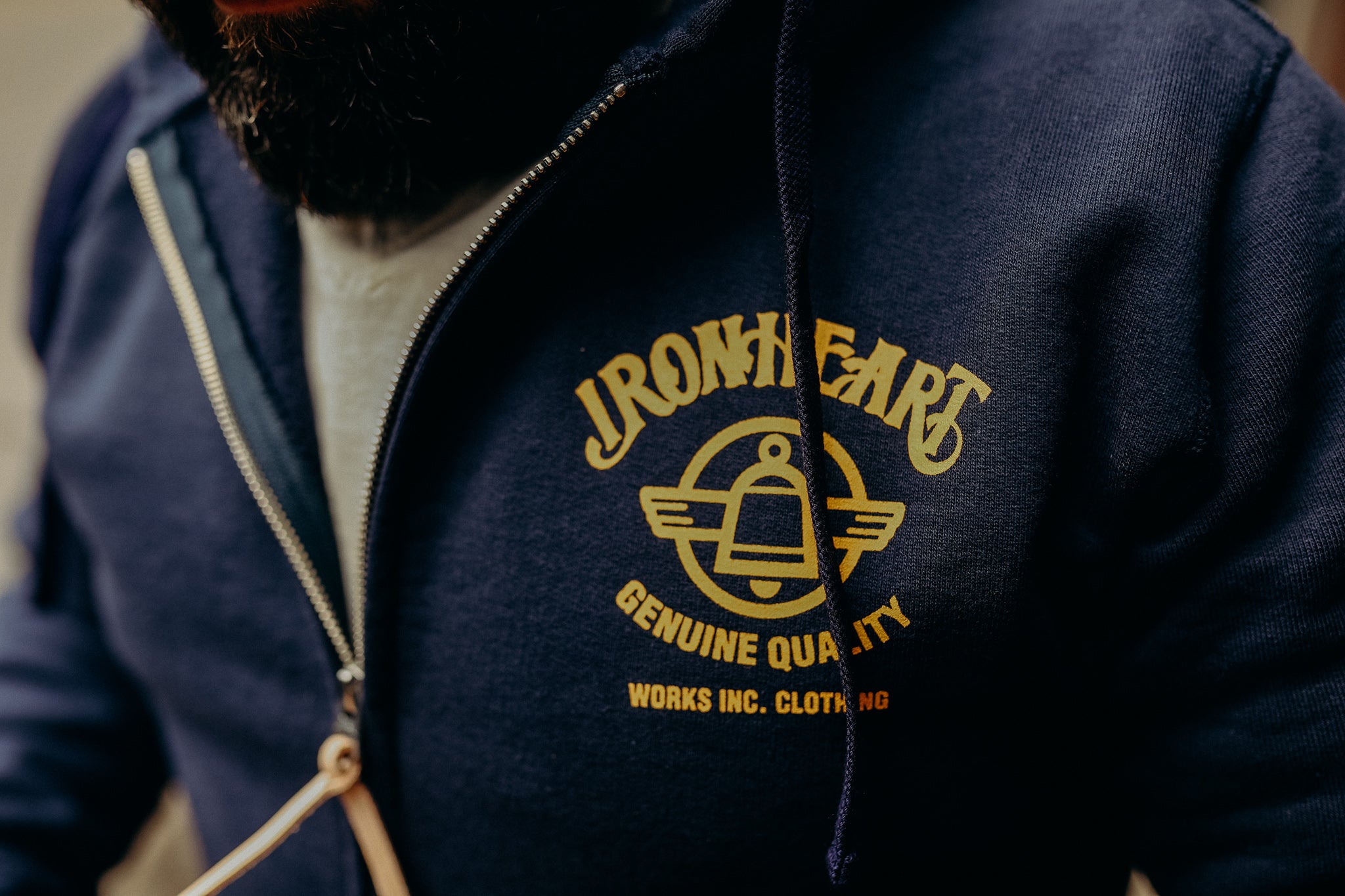 Printed 14oz Ultra Heavyweight Loopwheel Cotton Zippered Hoodie - Navy