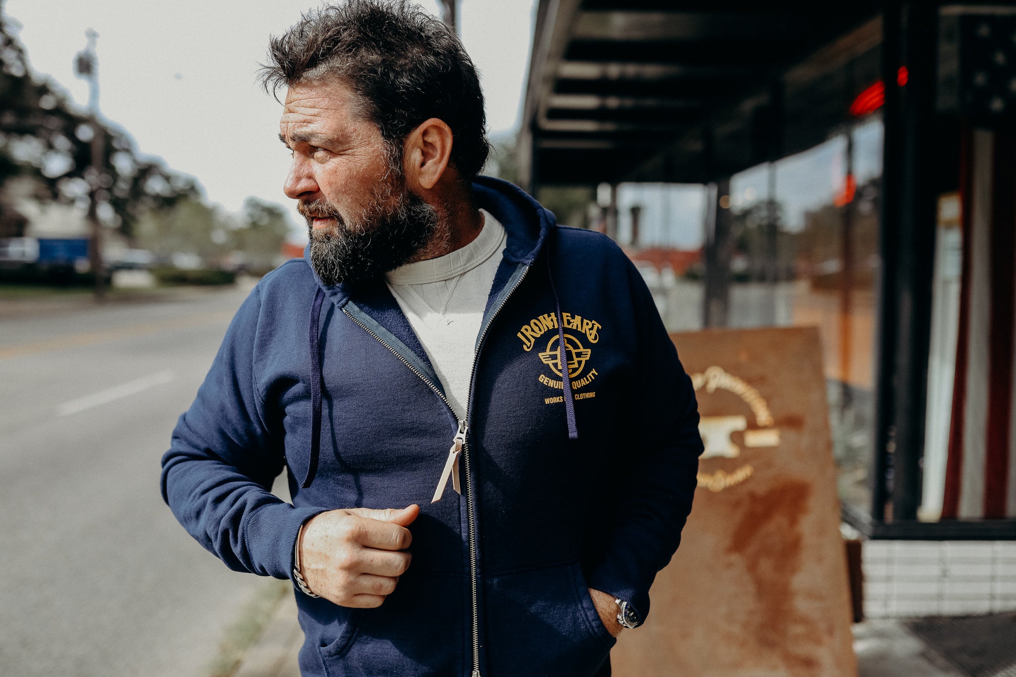 Printed 14oz Ultra Heavyweight Loopwheel Cotton Zippered Hoodie - Navy