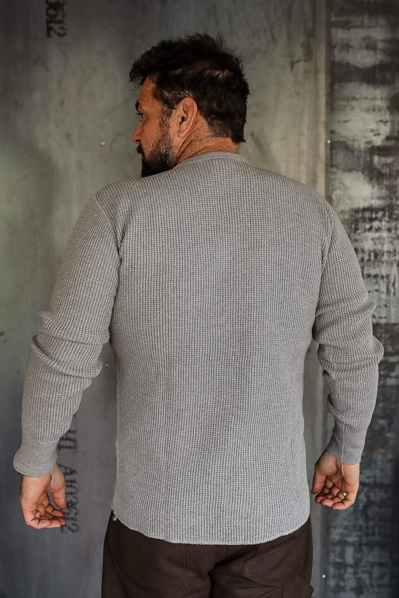 1301 Waffle Knit Long Sleeved Crew Neck Thermal Top - Grey