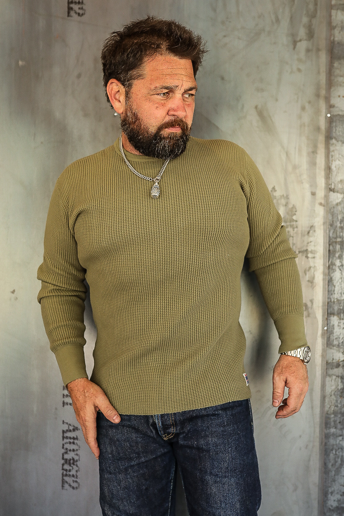 1301 Waffle Knit Long Sleeved Crew Neck Thermal Top - Olive