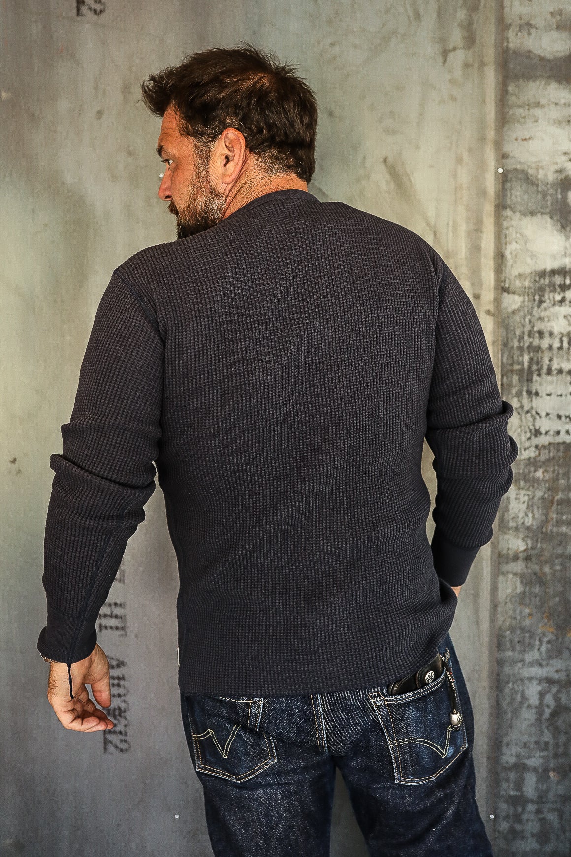 IHTL-1301-NAV 1301 Waffle Knit Long Sleeved Crew Neck Thermal Top