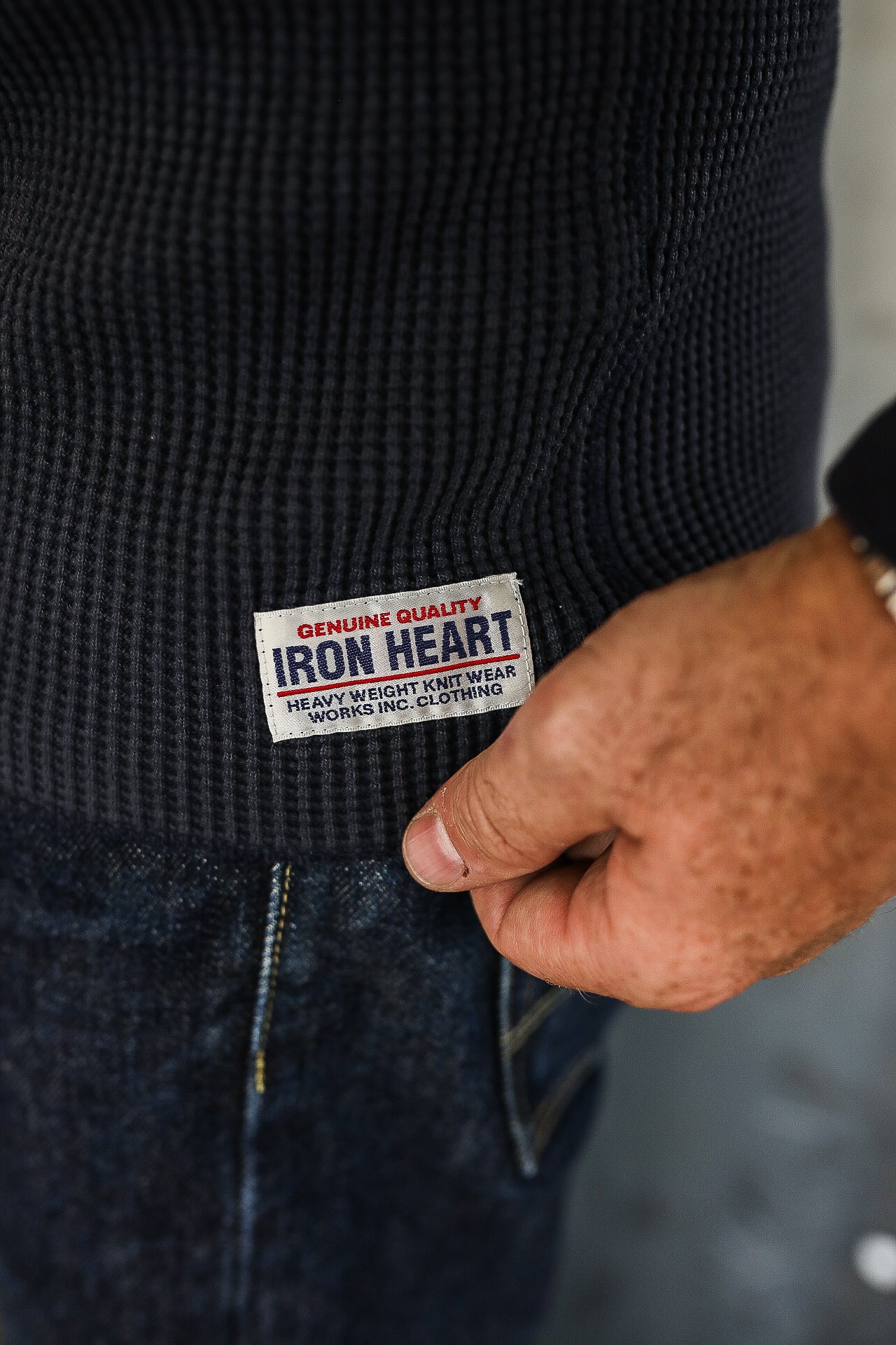 IHTL-1301-NAV 1301 Waffle Knit Long Sleeved Crew Neck Thermal Top