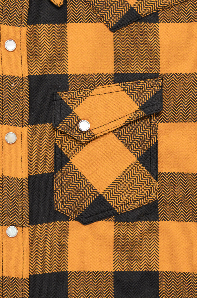 The Flat Head SNW-101L Block Check Western Flannel Shirt - Orange / Charcoal