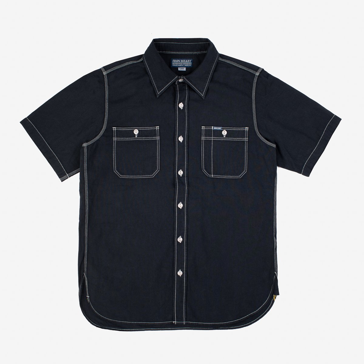 5.5oz Selvedge Chambray Short Sleeved Work Shirt - Indigo Overdyed Black