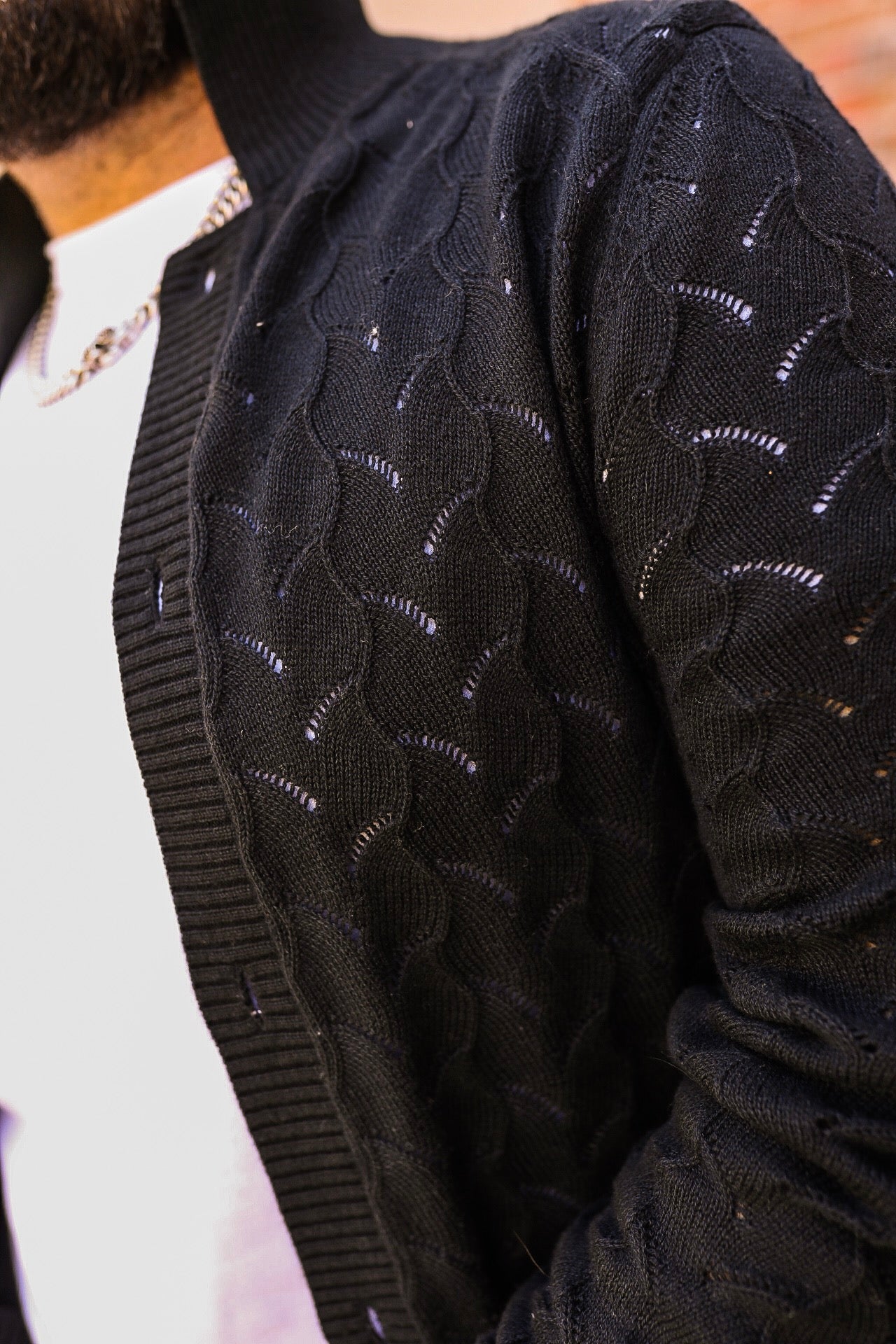 Collared Cardigan-Black Lace Knit