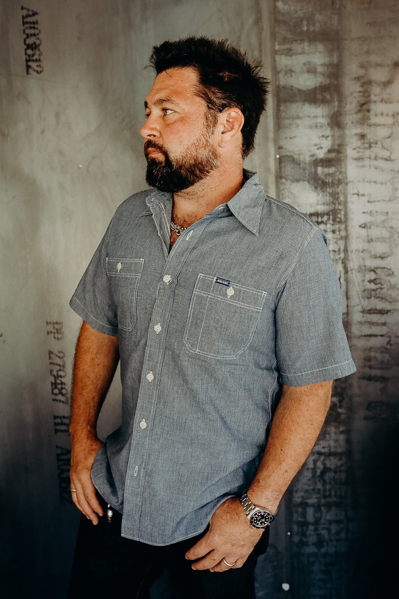 5.5oz Selvedge pinstripe chambray Short Sleeved Work Shirt - Indigo