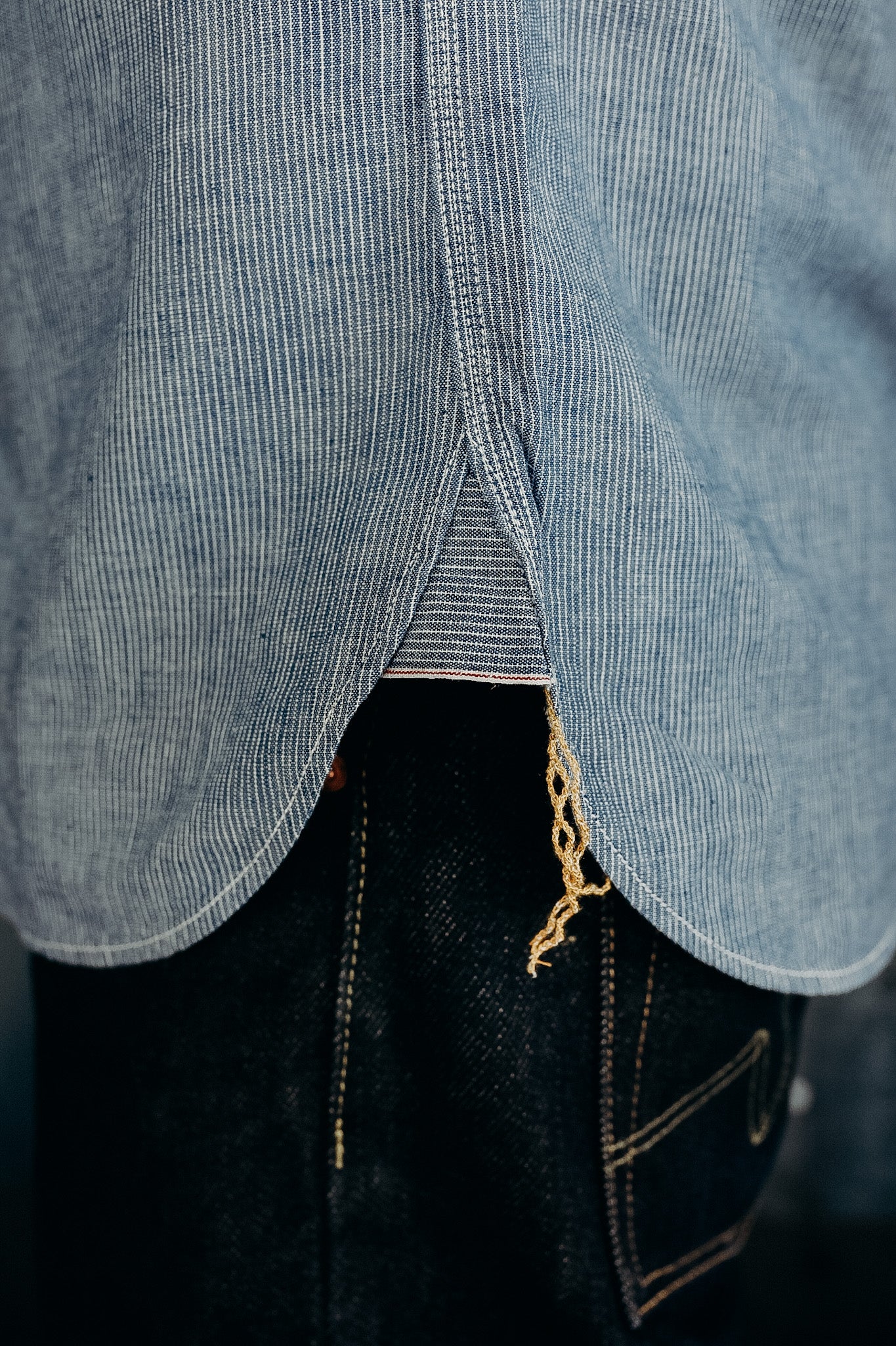 5.5oz Selvedge pinstripe chambray Short Sleeved Work Shirt - Indigo
